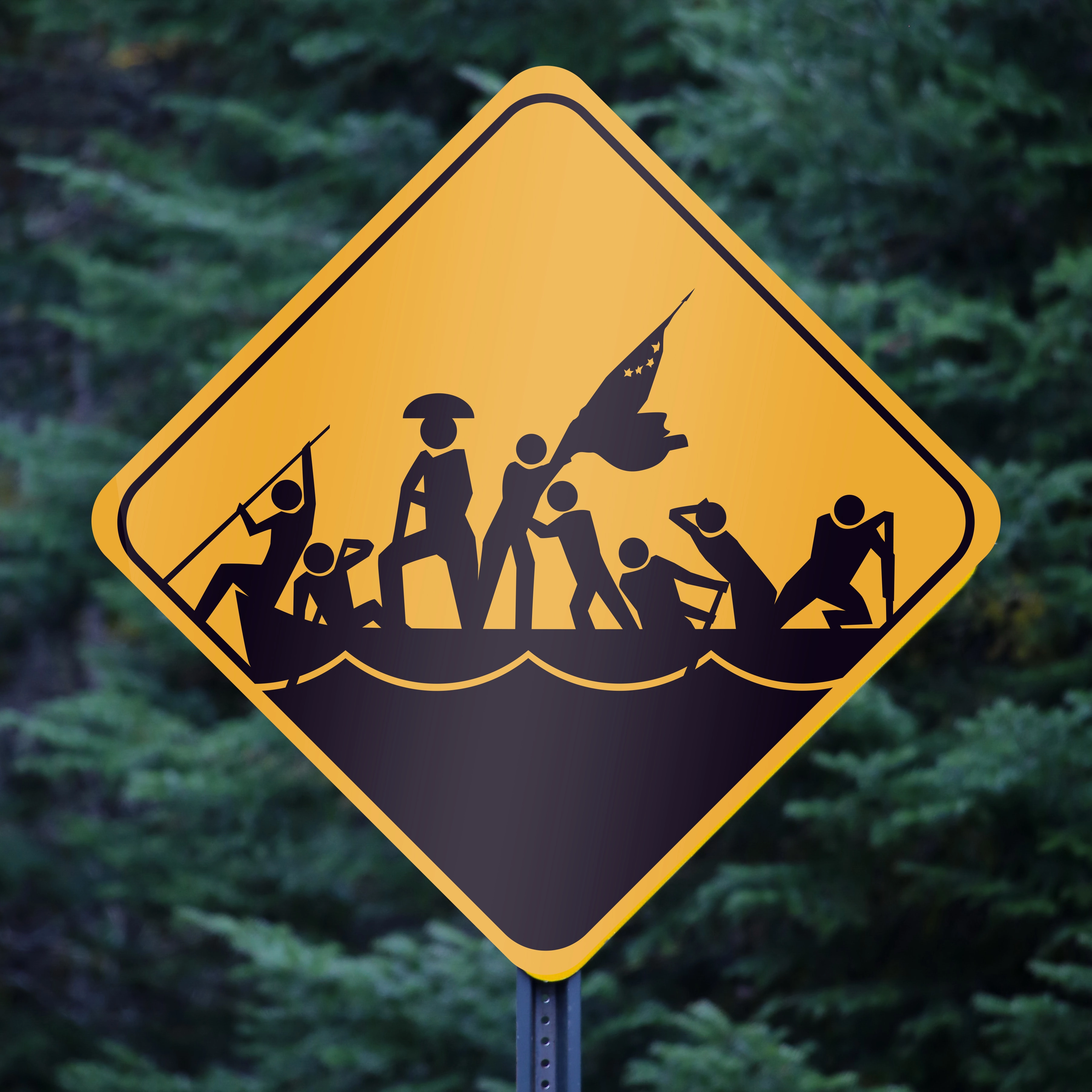 a caution crossing sign with a silhouette interpretation of Emanuel Leutze's painting of Washington Crossing the Delaware